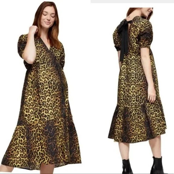 TOPSHOP Maternity Leopard Bow Back Puff Sleeve Midi Dress, US 8 NWT - Picture 1 of 9